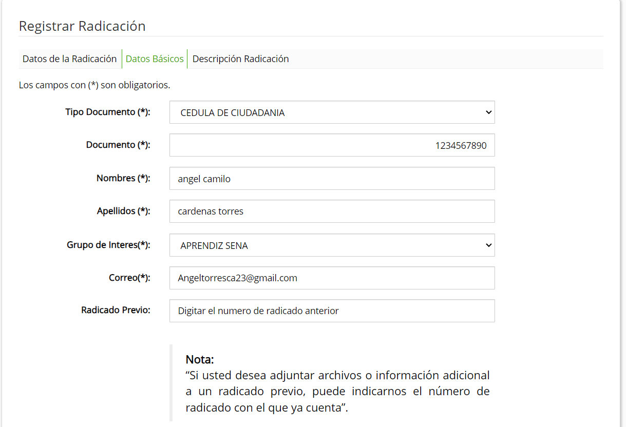 Formulario de radicación