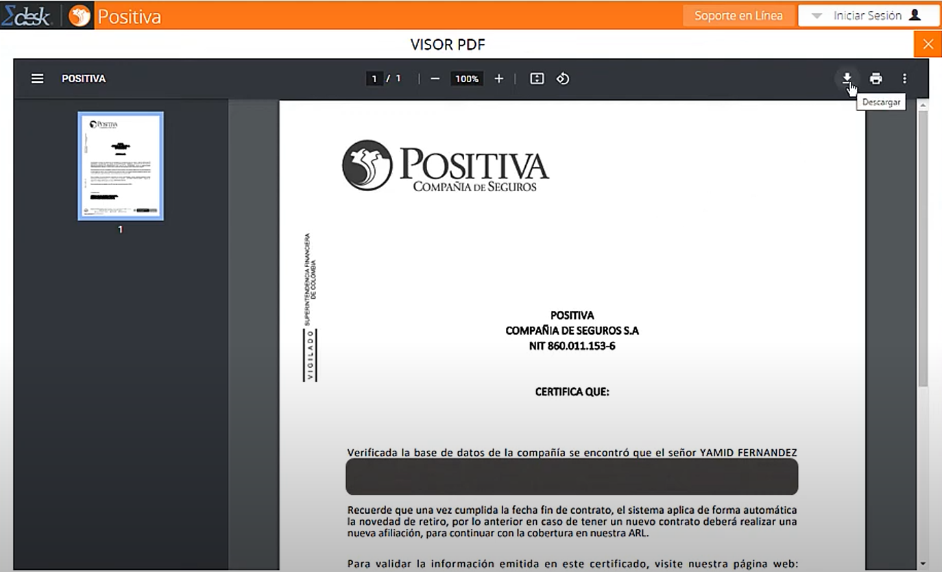 Opción para descargar el certificado ARL Positiva