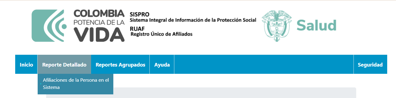 Menú Reporte detallado en el RUAF