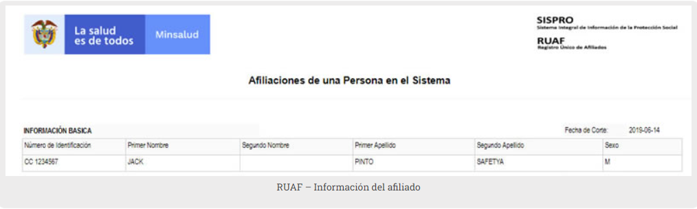 Resultado de consulta en el RUAF